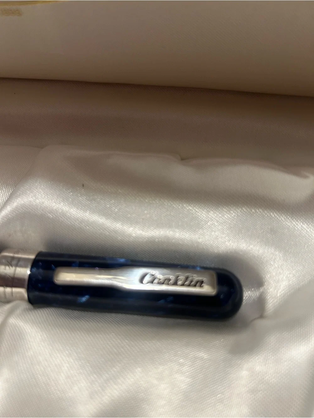 Conklin Mark Twain Crescent Filler Fountain Pen in a blue marbled in Conklin box